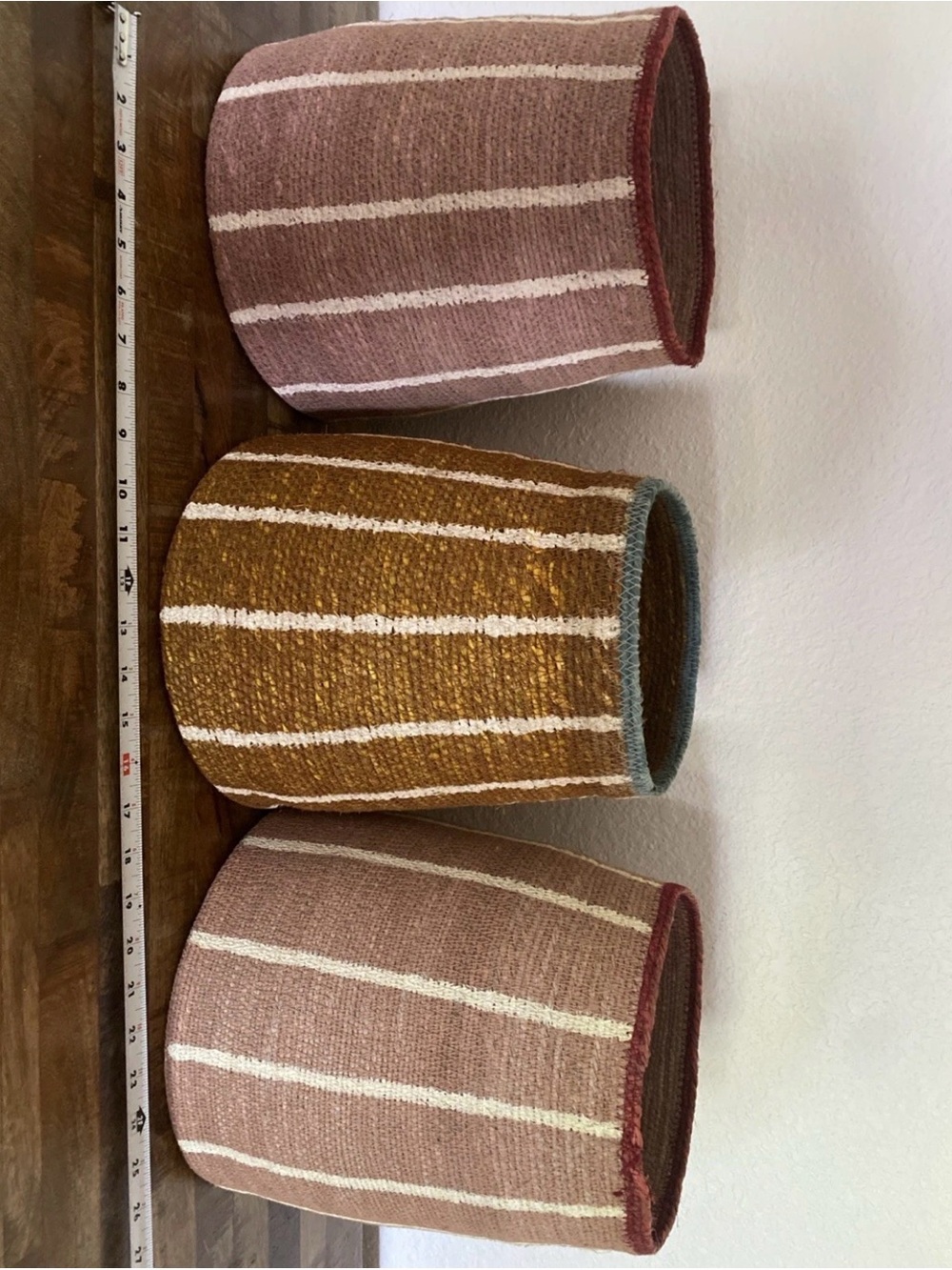 3 Crate&Barrel Striped Woven Storage Baskets in Pink and Mustard